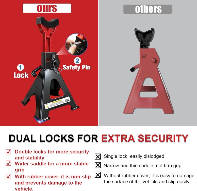 USYATO 3 Ton Jack Stands (6,600 lbs) - Heavy Duty Car Jack Stand with Double Pin Locking, Adjustable 11.22"-16.54" Height, Extra Rubber Pads for Trucks, Garage, Home,DIY Use - 1 Pair Black - Image 5